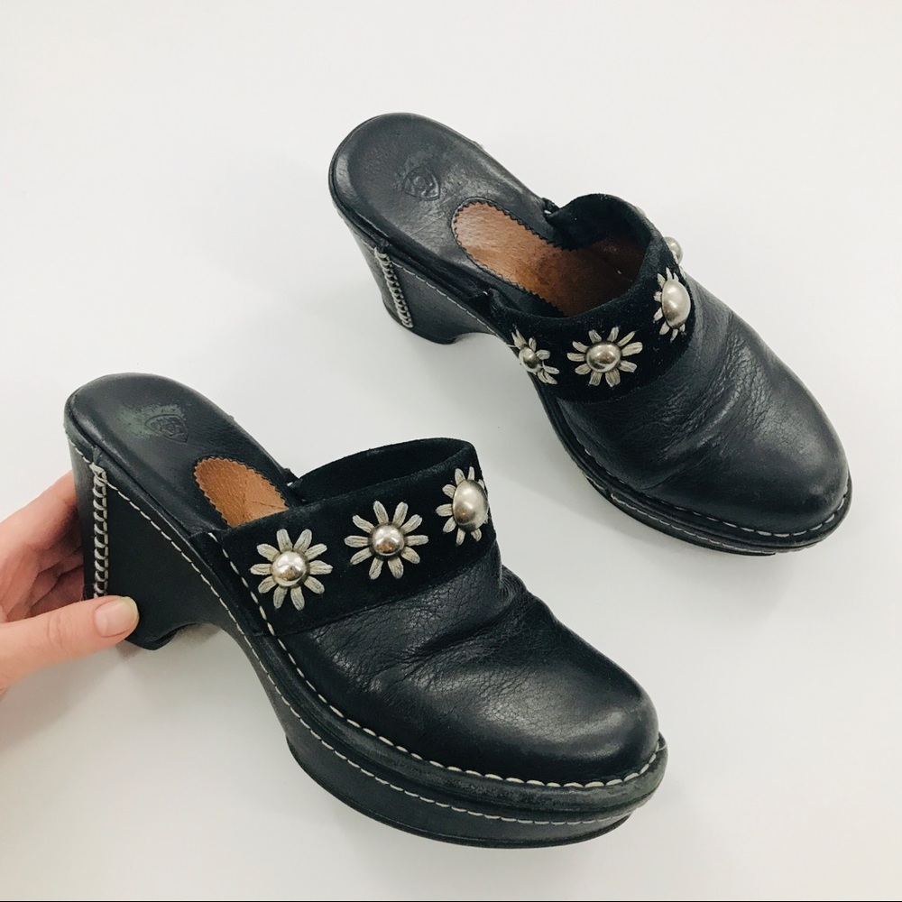 Ariat Black Leather Studded Daisy Slip On Mule Clogs